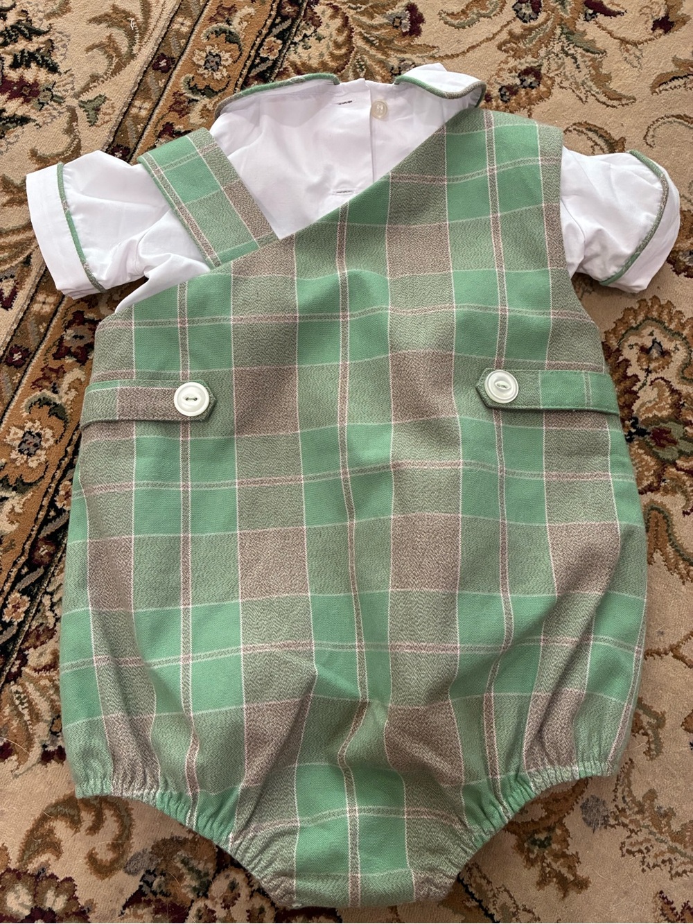Green Plaid Baby Bubble Suit with Collared Shirt - Picture 2 of 4